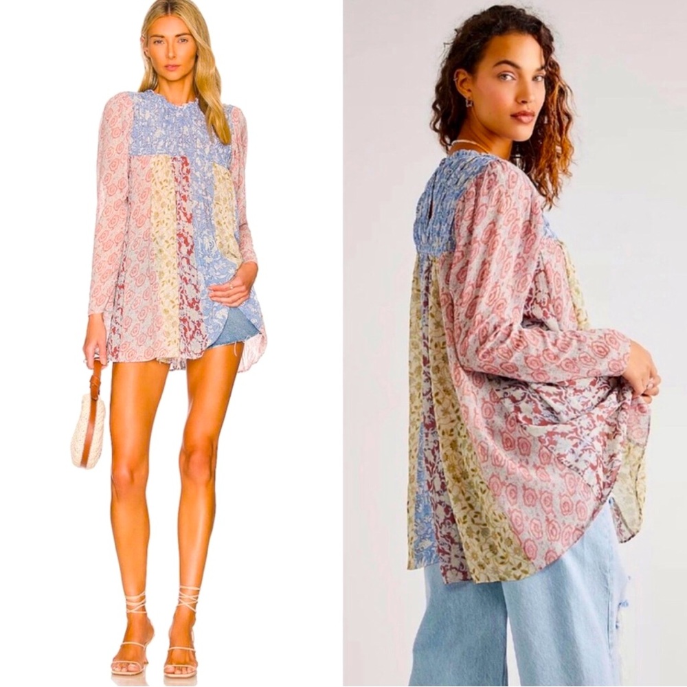 Free People Patchwork Lace Tunic in Pink, Blue, Yellow
